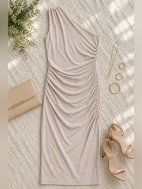 DKNY Ruched One Shoulder Dress Size 6 NWT Khaki Bodycon Sheath Cocktail Date